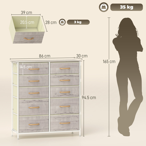 HOMCOM Chest of Ten Fabric Drawers - Natural Wood Finish