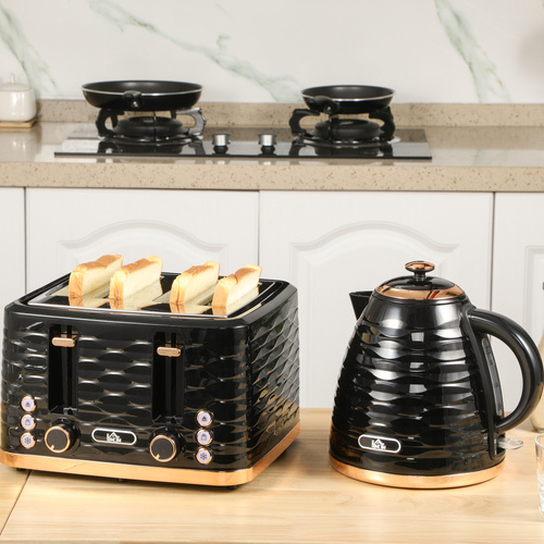 HOMCOM Kettle and Toaster Sets, 3000W 1.7L Rapid Boil Kettle & 4 Slice Toaster with 7 Browning Controls, Defrost, Reheat and Crumb Tray, UK Otter thermostat, Black