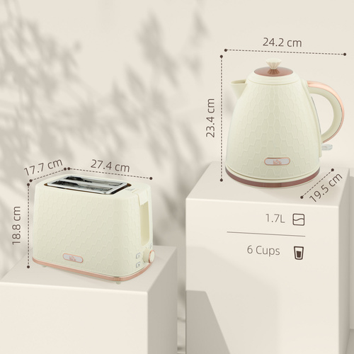 HOMCOM 1.7L 3000W Fast Boil Kettle & 2 Slice Toaster Set, Kettle and Toaster Set with Auto Shut Off, Browning Controls, Beige
