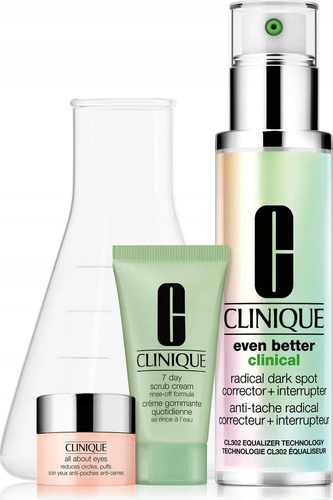 Clinique Even Tone Essentials Gift Set 50ml Even Better Clinical Radical Dark Spot Corrector + Interrupter + 30ml 7 Day Scrub Cream + 5ml All About Eyes
