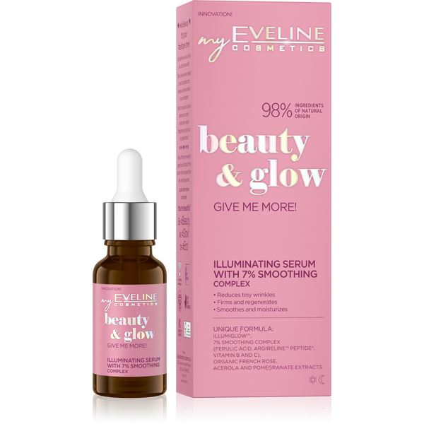 Eveline Beauty & Glow Give Me More! Serum Rozświetlające z Kompleksem Wygładzającym 7% dla Każdego Rodzaju Skóry 18ml
