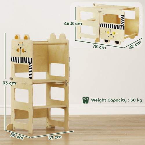 AIYAPLAY Toddler Step Stool, Standing Tower with Chalkboard, 3-in-1 Cat-Shaped Step Stool for Kitchen Counter, Natural
