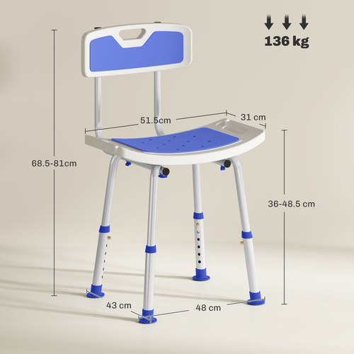 HOMCOM Shower Stool with Backrest, Height Adjustable Shower Chair with Anti-slip Foot Pads, Shower Head Holder, Blue