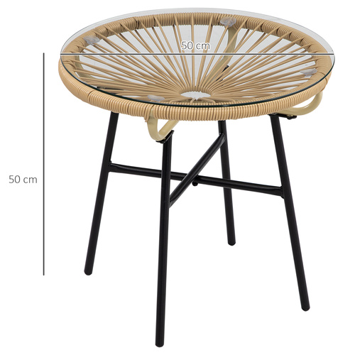 Outsunny Rattan Side Table, Round Outdoor Coffee Table, with Round PE Rattan and Tempered Glass Tabletop for Patio, Garden, Balcony, Beige