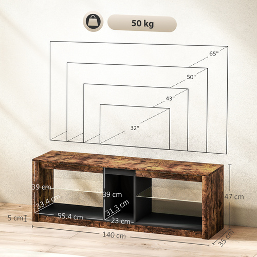 HOMCOM TV Stand Cabinet with LED Lights and Remote Control for TVs up to 65", Entertainment Centre with Storage Shelves and Compartment, Rustic Brown