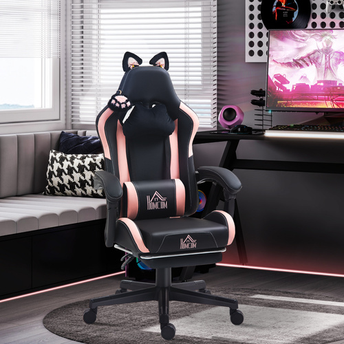 HOMCOM Cat Ear and Paw Reclining Office Chair, with Footrest - Black/Pink