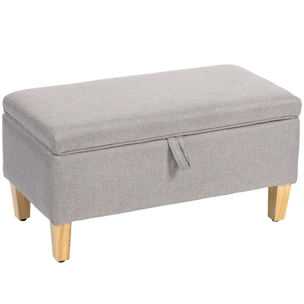 HOMCOM 30L Linen Storage Ottoman Padded Footstool with Rubberwood Legs for Storage Box, Bed End, Shoe Bench, Seating, Light Grey