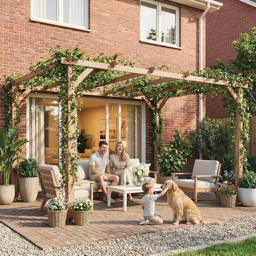 Outsunny 4 x 3 m Wooden Pergola Kit, Garden Pergola Gazebo Grape Trellis with Triangle Supports, 6 Beams, Maple Wood-effect