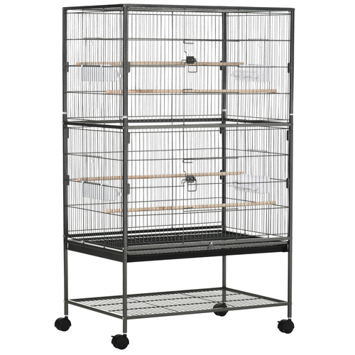 PawHut Large Bird Cage Budgie Cage for Finch Canaries Parakeet with Rolling Stand, Slide-out Tray, Storage Shelf, Food Containers, Dark Grey