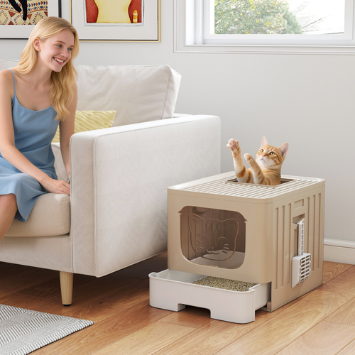 PawHut Foldable Cat Litter Box with Lid, Slide-Out Drawer, Scoop, Easy Clean, Odour Control, Anti-Splashing, Khaki