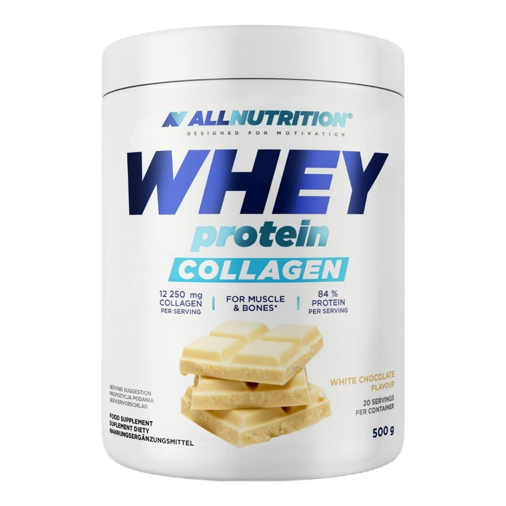 Allnutrition Whey Protein Collagen White Chocolate Protein Supplement For Bigger Muscles and Strong Bones 500g