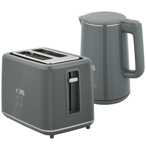 HOMCOM Digital Stainless Steel Kettle and Toaster Set, 1.5L 3000W Fast Boil Kettle, 2 Slice Toaster with 7 Level Browning Controls, Defrost, Reheat, Keep Warm, Crumb Tray and LED Touch Display, Grey