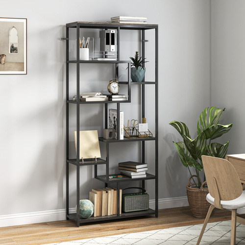 HOMCOM Seven-Tier Geometric Bookcase - Grey/Black