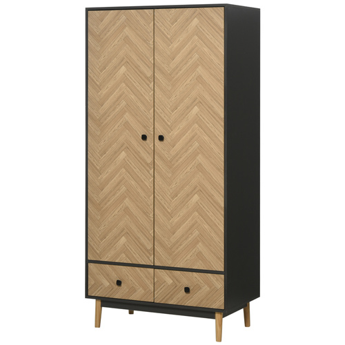 HOMCOM Essential Wardrobe Cabinet with Shelf, Hanging Rails and 2 Drawers, 50kg Weight Capacity, Nature Wood