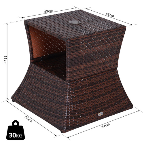 Outsunny Rattan Outdoor Coffee Table, Wicker Garden Patio Bistro Side Table with Umbrella Hole and Storage Space for Balcony, Porch, Brown