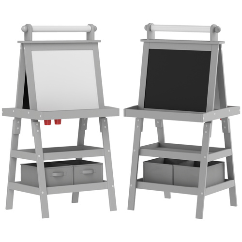 AIYAPLAY 3 in 1 Kids Easel Double-Sided Magnetic Whiteboard and Chalkboard with Paper Roll, Storage Baskets - Grey