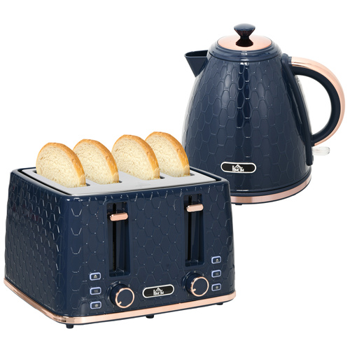 HOMCOM Kettle and Toaster Set, 1.7L 3000W Fast Boil Jug Kettle with Auto Shut Off, 4 Slice Toaster with 7 Level Browning Controls & Crumb Tray, UK Otter Thermostat, Blue