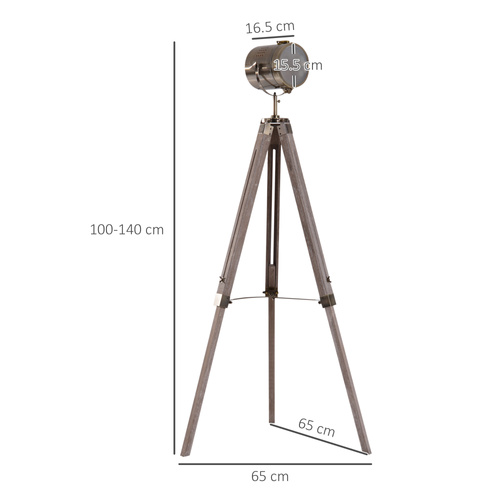 HOMCOM Industrial Tripod Floor Lamp, Nautical Searchlight with Adjustable Height, Wood Legs, E14 Lamp Base for Living Room, Bedroom, Grey and Bronze