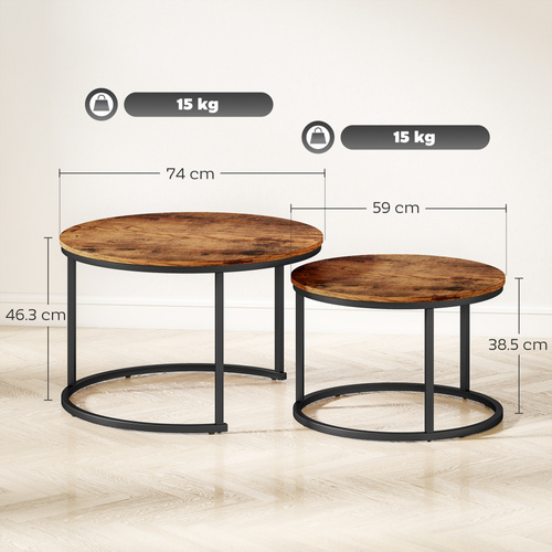 HOMCOM Coffee Table Set of 2, Round Nest of Tables with Metal Frame, Modern Side Tables for Living Room, Rustic Brown