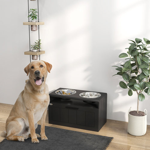 PawHut Raised Dog Bowl with Slow Feeder, Two Stainless Steel Dog Bowls, Drawer, for Large and Extra Large Dogs, Black