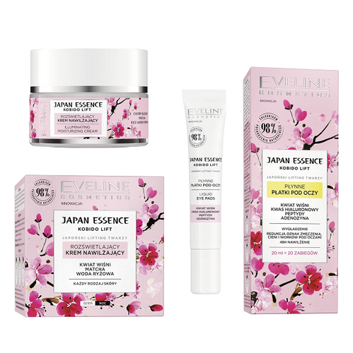 Eveline Japan Essence Rozświetlajścy Krem na Dzień i na Noc 50ml +  Płynne Płatki pod Oczy 20ml