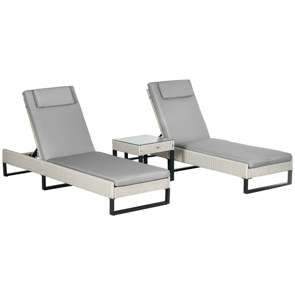 Outsunny 3-piece PE Rattan Sun Lounger Set with Adjustable 5-Position Recliner, Patio Chaise Lounge Chair Set with Cushions, Headrests, Glass Top Square Coffee Table, Light Grey