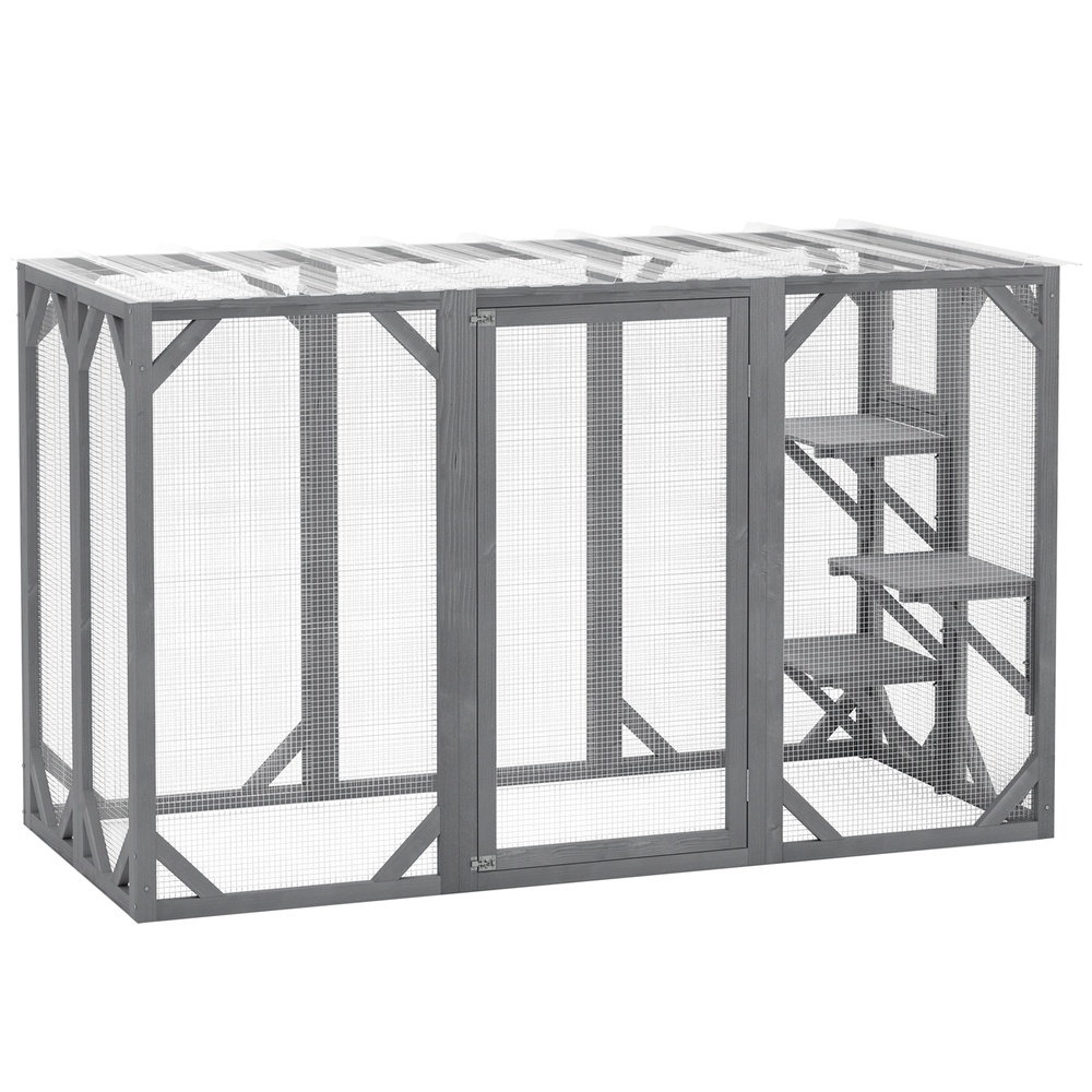 PawHut 71" Outdoor Wooden Cat House with Three Platforms, Large Door, Water-Resistant Roof, for Multiple Cats, Grey