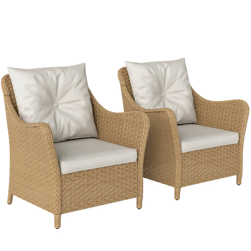 Outsunny Rattan Garden Chairs Set of 2, Outdoor Rattan Chairs with Cushions, Armrests and High Back, PE Wicker Garden Armchair with Steel Frame for Balcony, Porch, Beige