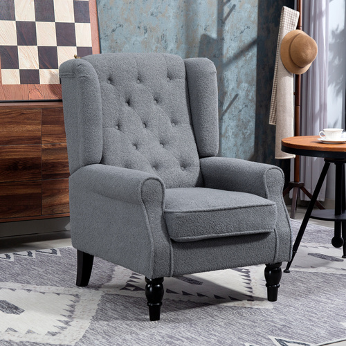 HOMCOM Wingback Accent Chair, Retro Upholstered Button Tufted Occasional Chair for Living Room and Bedroom, Grey