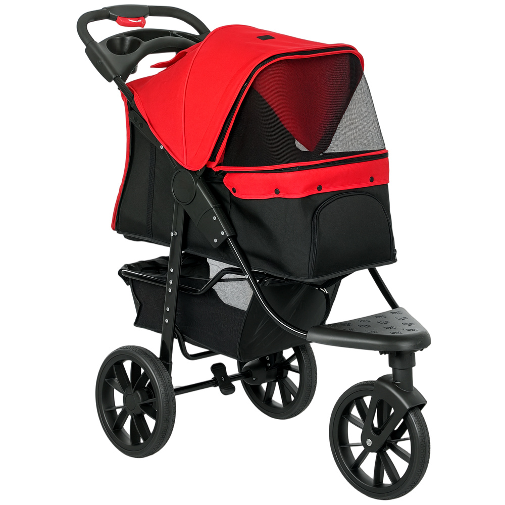 PawHut Dog Stroller Foldable Pet Pram, 3 Wheels Dog Pushchair with Brake, for Small Miniature Breeds, Cats, Red