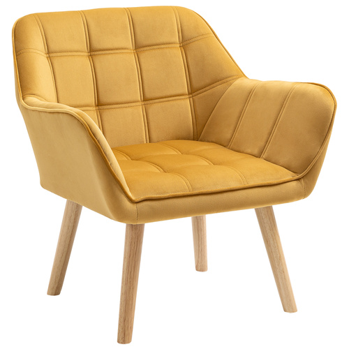 HOMCOM Armchair Accent Chair, Vanity Chair with Wide Arms, Slanted Back, Padding, Metal Frame, Wooden Legs, Home Bedroom Furniture Seating, Yellow