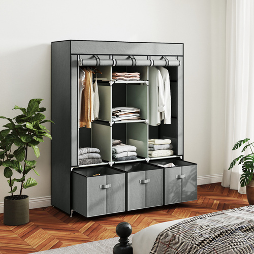 HOMCOM Foldable Fabric Wardrobe for Bedroom, Portable Wardrobe with 5 Shelves, 2 Hanging Rails and 3 Fabric Drawers, Light Grey