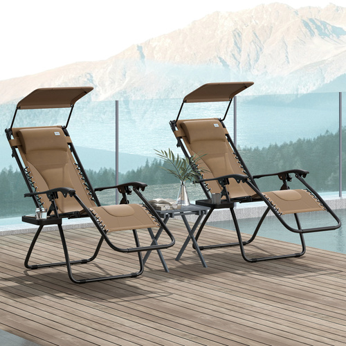 Outsunny Zero Gravity Lounger Chair Set of 2, Folding Reclining Patio Chair with Shade Cover, Cup Holder, Soft Cushion and Headrest for Poolside, Camping, Coffee