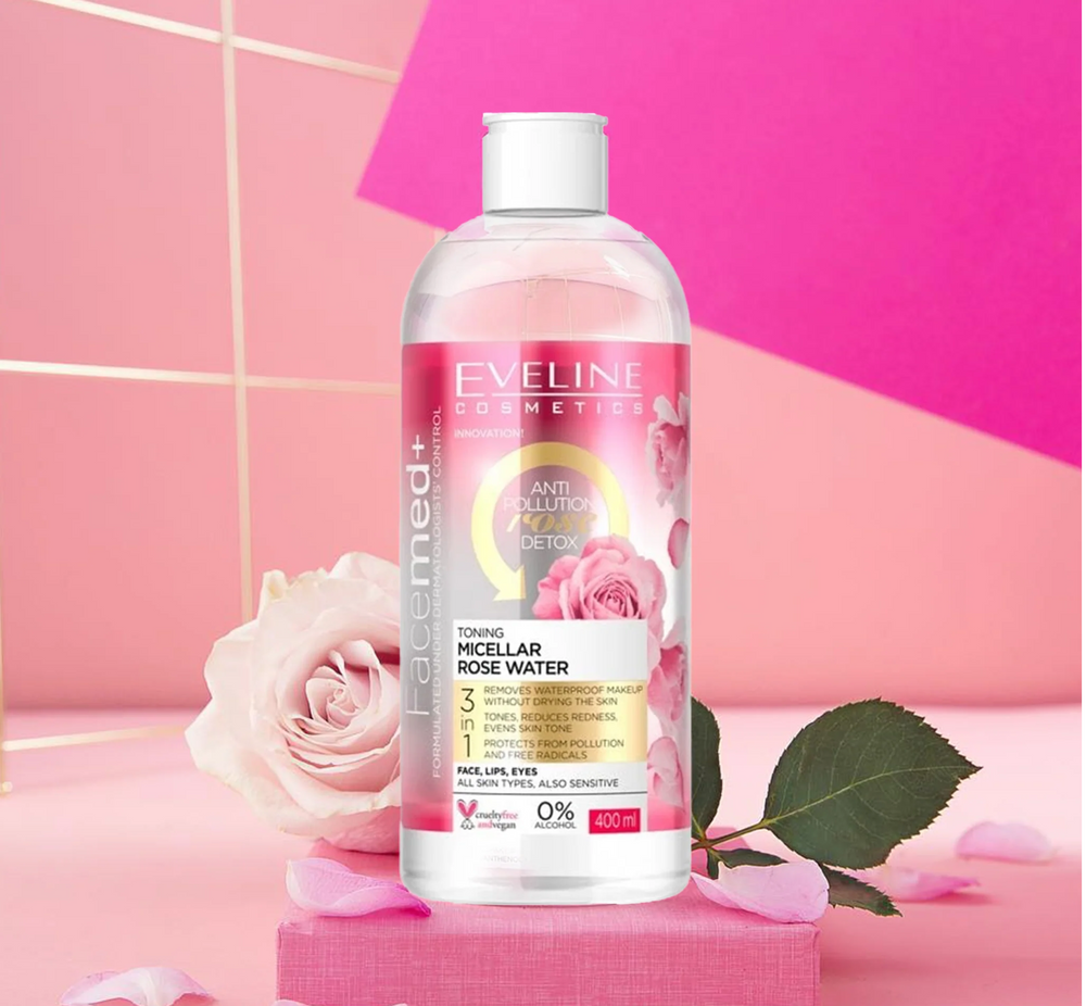 Eveline Facemed Tonning Micellar Rose Water Face  Detox Waterproof Makeup 400ML