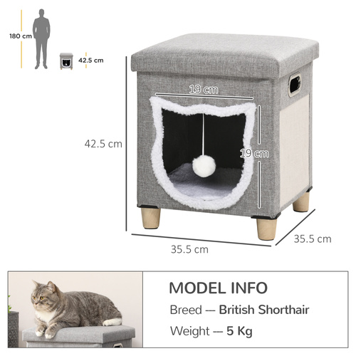 PawHut Cat House Cave, Cat Bed Cube with Scratching Pad, Soft Detachable & Washable Cushion, Toy Ball, for Indoor Kittens, Grey