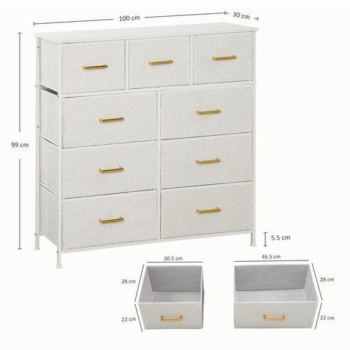 HOMCOM Chest of Drawers with 9 Fabric Drawers, Boucle Storage Organiser with Steel Frame, Fabric Dresser for Bedroom, Living Room, Hallway, Cream White