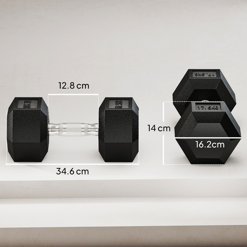 HOMCOM 2x17.5KG Rubber Hex Dumbbell Portable Hand Weights Dumbbell Home Gym