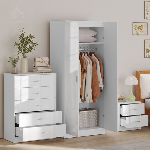 HOMCOM High Gloss 3 Piece Trio Bedroom Furniture Set Wardrobe + Chest Of Drawer + Bedside White