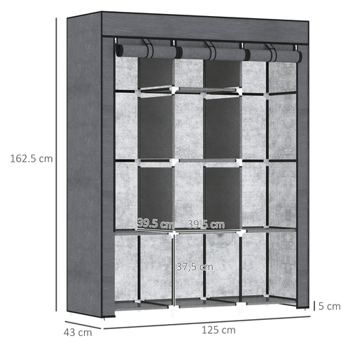 HOMCOM Fabric Wardrobe, with Rails and Shelves - Dark Grey