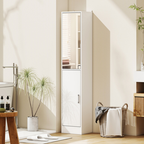 kleankin Tall Bathroom Cabinet with Mirror and Adjustable Shelf - White