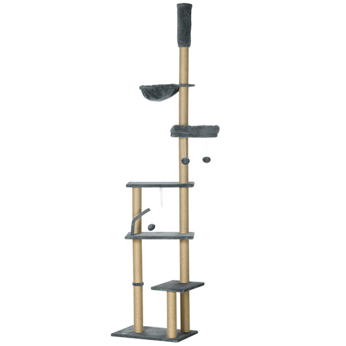 PawHut 230-250cm Floor-to-Ceiling Climbing Cat Tree Tower - Grey