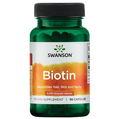 Swanson Biotin 5000mcg Biotyna Wspomaga Włosy Skórę i Paznokcie 30 Kapsułek