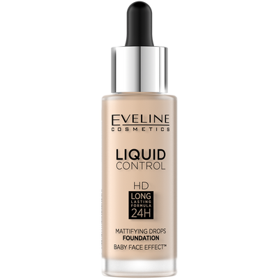 Eveline Liquid Control HD Lekki Podkład do Twarzy z Dropperem Doskonały Efekt Matowienia 001 Porcelain 32ml