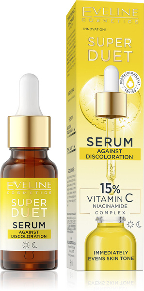 Eveline Super Duet Against Discoloration Skoncentrowane Serum przeciw Przebarwieniom 15% Witamina C i Kompleks Niacynamidu dla Skóry Suchej i Matowej na Dzień i na Noc 18ml