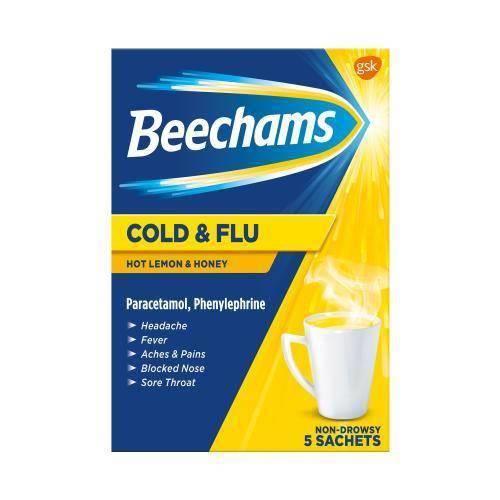 Beechams Cold and Flu Saszetki o Smaku Cytryny na Ból Głowy Gorączkę i Bóle 5 Saszetek