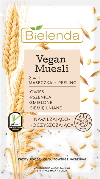 Bielenda Vegan Muesli 2w1 Maseczka Nawilżająca Peeling Oczyszczający Pszenica Owies Siemię Lniane 8g