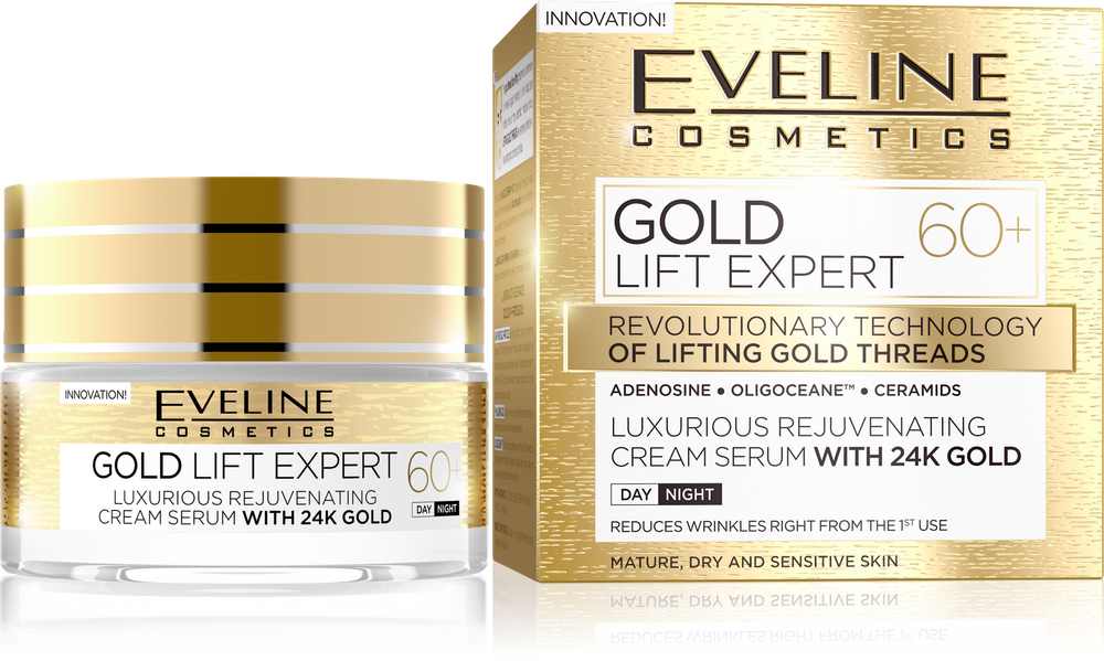 Eveline Gold Lift Expert Luksusowy Odmładzający Krem-Serum z 24k Złotem 60+ na Dzień i na Noc 50ml