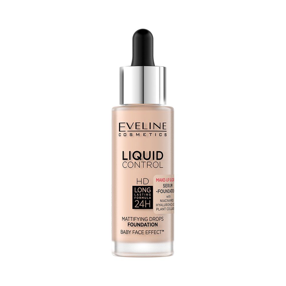 Eveline Liquid Control HD Lekki Podkład do Twarzy z Dropperem Doskonały Efekt Matowienia 015 Light Vanilla 32ml