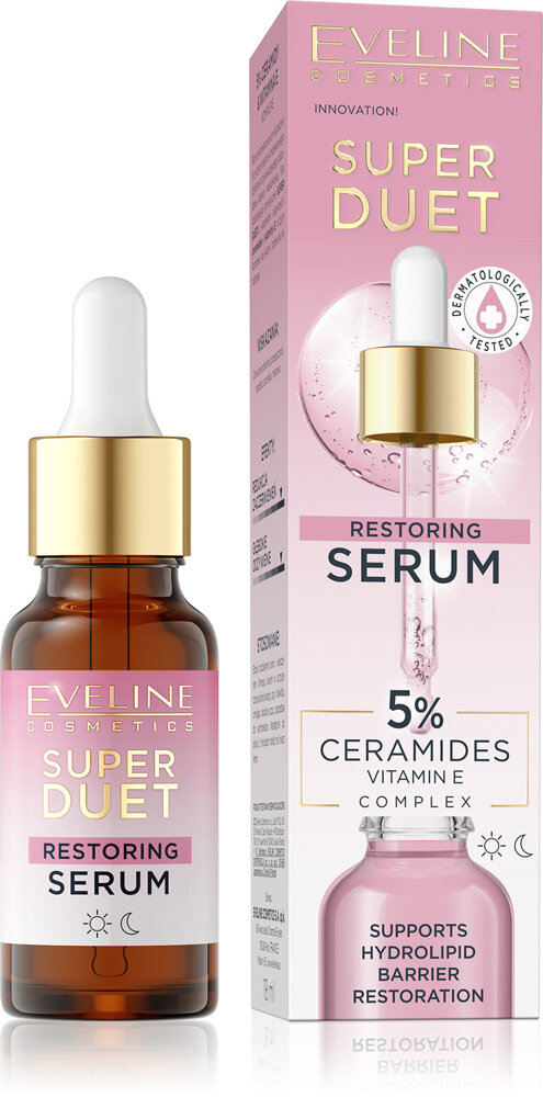 Eveline Super Duet Restoring Regenerujące Serum 5% Ceramidy i Kompleks Witaminy E dla Skóry Odwodnionej i Suchej na Dzień i na Noc 18ml 