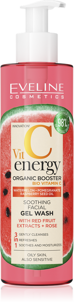 Eveline Vit C Energy Organic Booster Kojący Żel Olej do Mycia Twarzy z Ekstraktami z Czerwonych Owoców i Różą 200ml